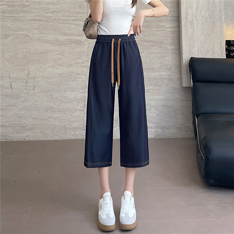 Women's Ice Silk Capri Pants, Wide-Leg Jeans, Summer Thin Loose Fit, Petite High-Waisted Drape Straight-Leg Pants