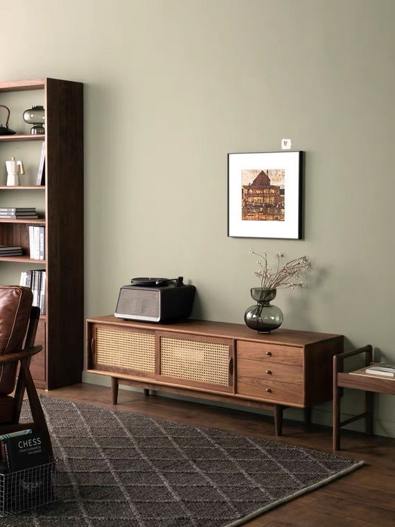 Day-style solid wood TV cabinet folk rattan chic door Nordic living room minimalist modern log black walnuts touch down cabinet