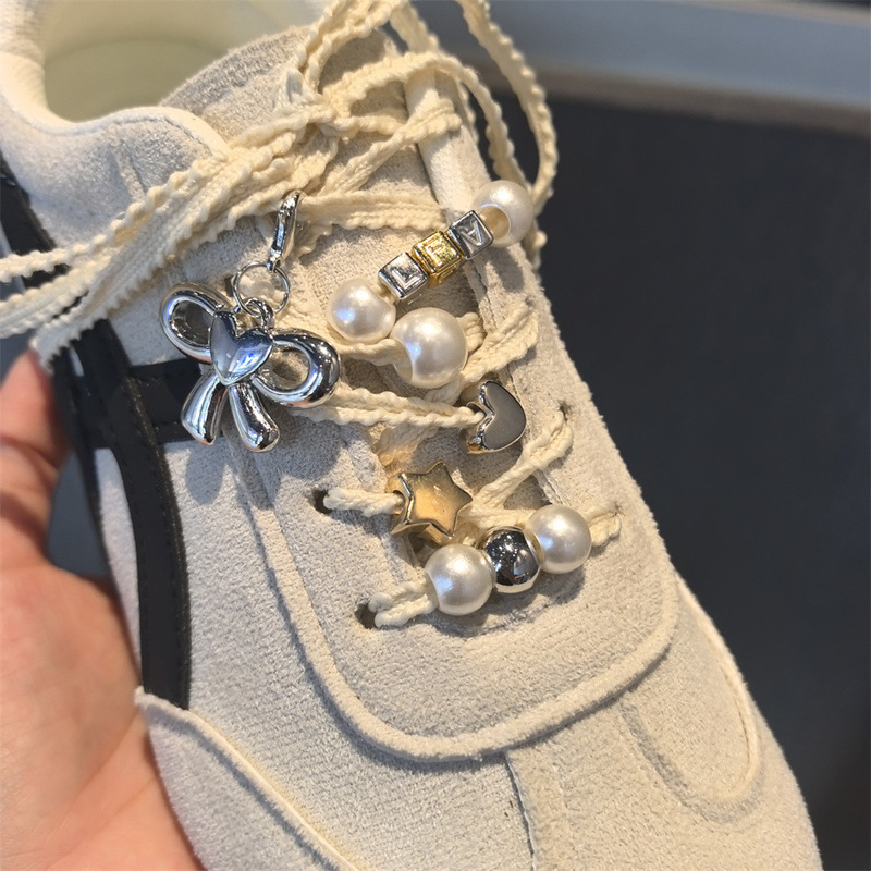 Silver Beaded Pearl Bow Shoe Buckle Heart-Shaped Pentagram Shoelace Decoration Accessories Cross-Border Large Hole Beads