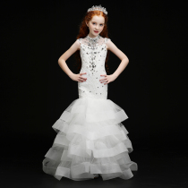 Childrens Gown Fishtail Dress White Girl Princess Models Walk Show Show Host High-end Little Trailing Wedding Dress