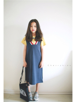 Flower house customised parent-child hide blue V collar pure cotton vest long dress