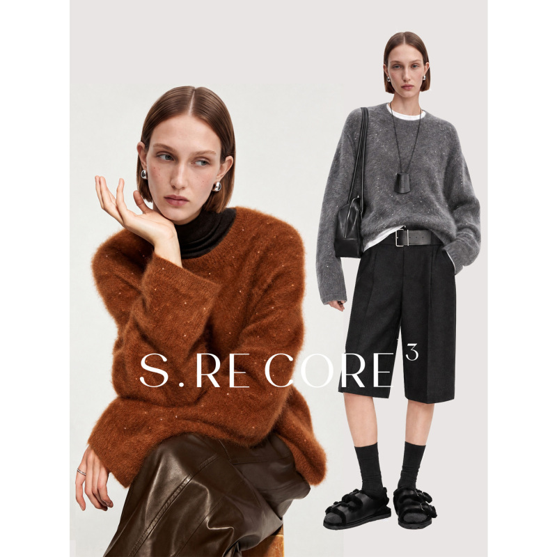 S.Recore³ Fine Glitter Galaxy Sheep Wool Cashmere Brushed Sequin Long-Sleeved Sweater for Women Gentle Knit Top