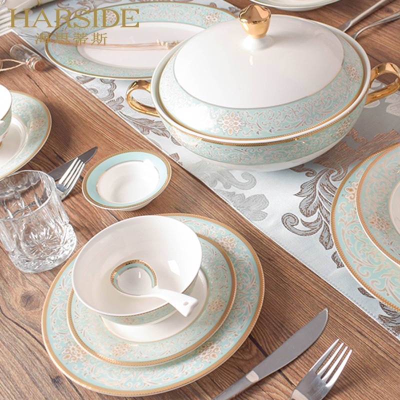HARSIDE European-style Phnom Penh bowls and bowls set home high-grade bone china tableware and bowls combination Jinyu Blue Bay