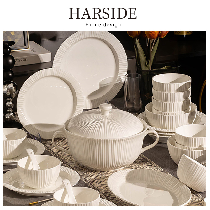 Harside Jingdezhen New Tableware Set Pure White Nordic Light Luxury High-End Housewarming Bowls and Plates Set