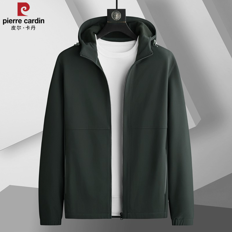 Pierre Cardin Spring and Autumn New Thin Fleece Jacket for Men, Loose Fit, Large Size, Hooded Jacket, Softshell Jacket, Windproof and Rainproof