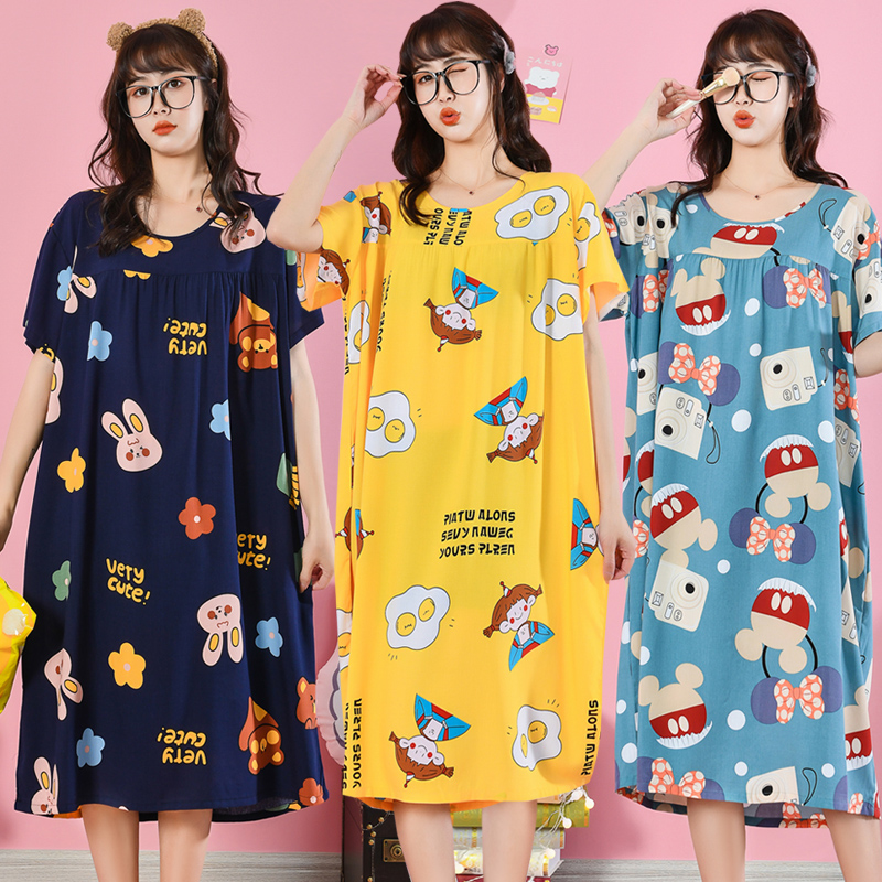 Korean version of extended cotton dress cartoon cute ladies short sleeve plus size pajamas summer artificial cotton home clothing