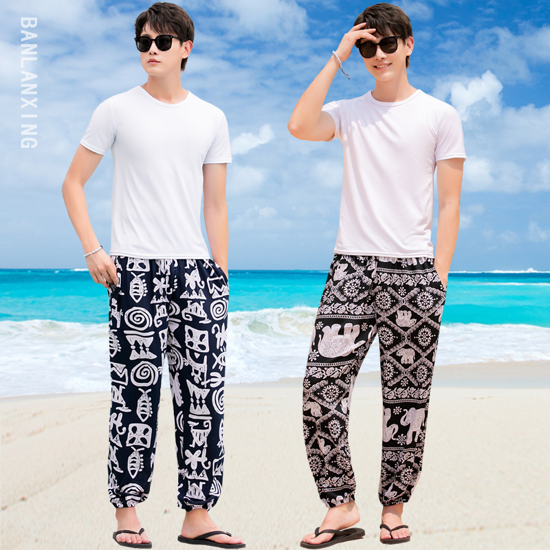 Thin summer beach bloomers men men's young and middle-aged sweatpants cotton silk trousers