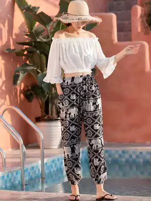 Summer seaside holiday ethnic style loose cotton bloomers large size cotton silk pajamas beach pants trousers can be worn outside