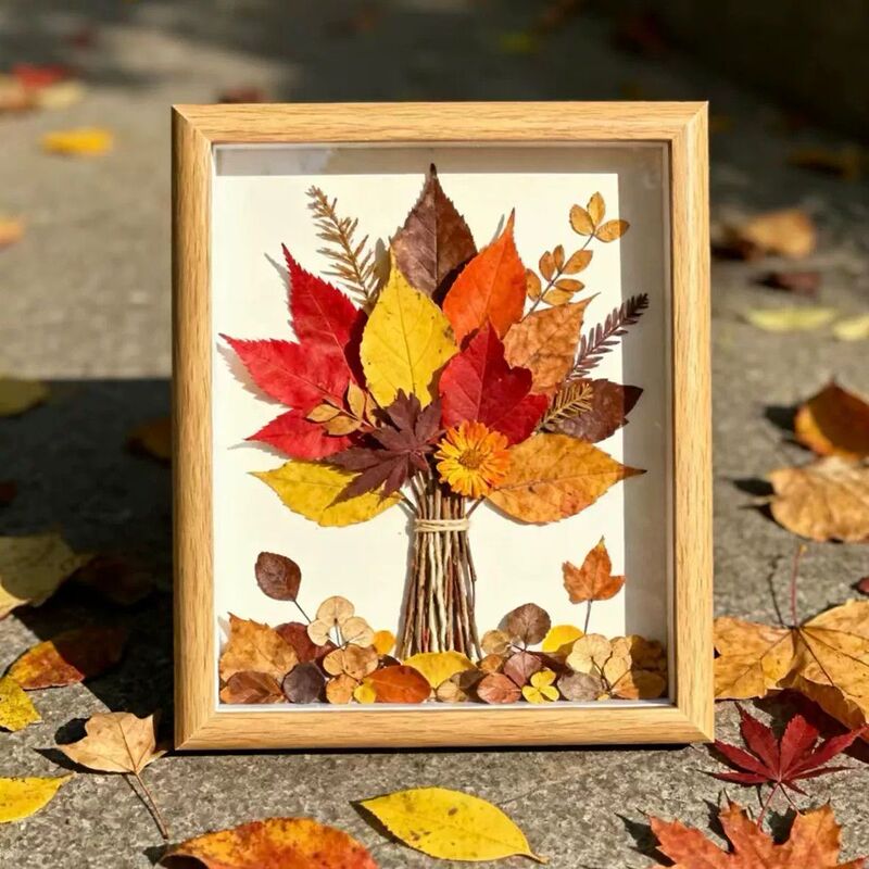 Specimen Photo Frame Display Stand with Dried Plants, Pressed Flowers, Pressed Leaves, Dried Grass, Autumn Leaves, Handmade Fallen Leaves Collage Picture Frame