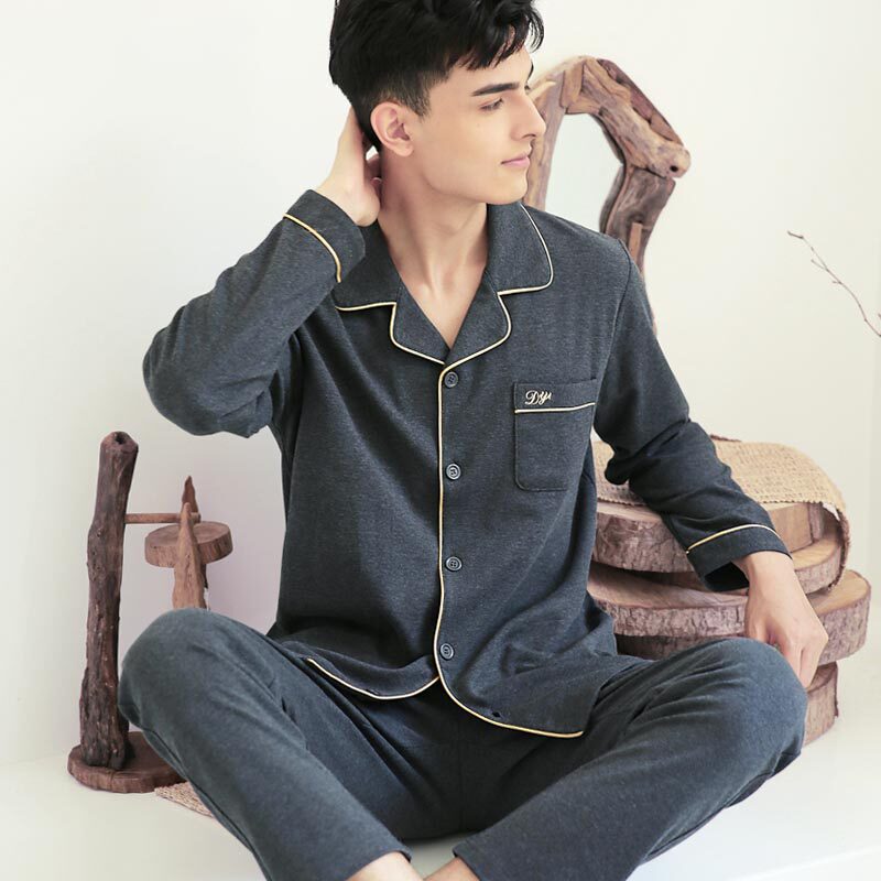Men's pajamas Spring and Autumn fashion Western style casual loose comfortable breathable cotton long-sleeved youth home suit suit