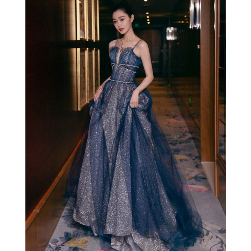 Blue Evening Dress for Women, Elegant and Classy, 2026 New Style, High-End, Sexy, Strapless, Suitable for Hostess, Annual Meeting, Long Style