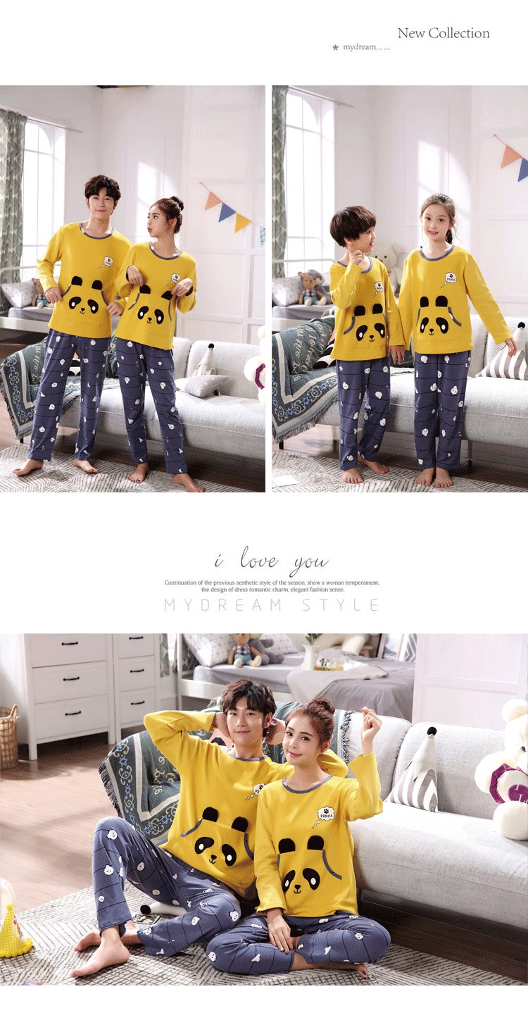 Bộ đồ ngủ dành cho cha mẹ và trẻ em mùa thu dài tay của ba mẹ con đồ ngủ hoạt hình bộ đồ ngủ dài thu đông 