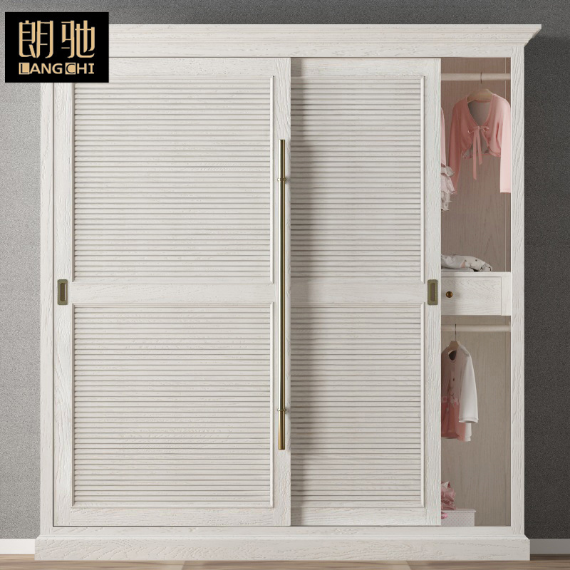 Langchi American-Style White Bedroom Solid Wood Wardrobe, Pastoral Oak Louvered Sliding Door Storage Closet