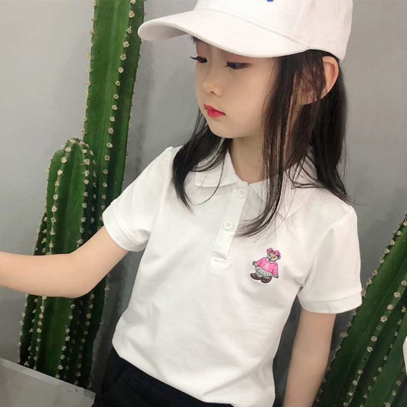 New girl T-shirt summer with collar short sleeve child POLO shirt pure cotton boy dress small bear white T blouse girl summer dress