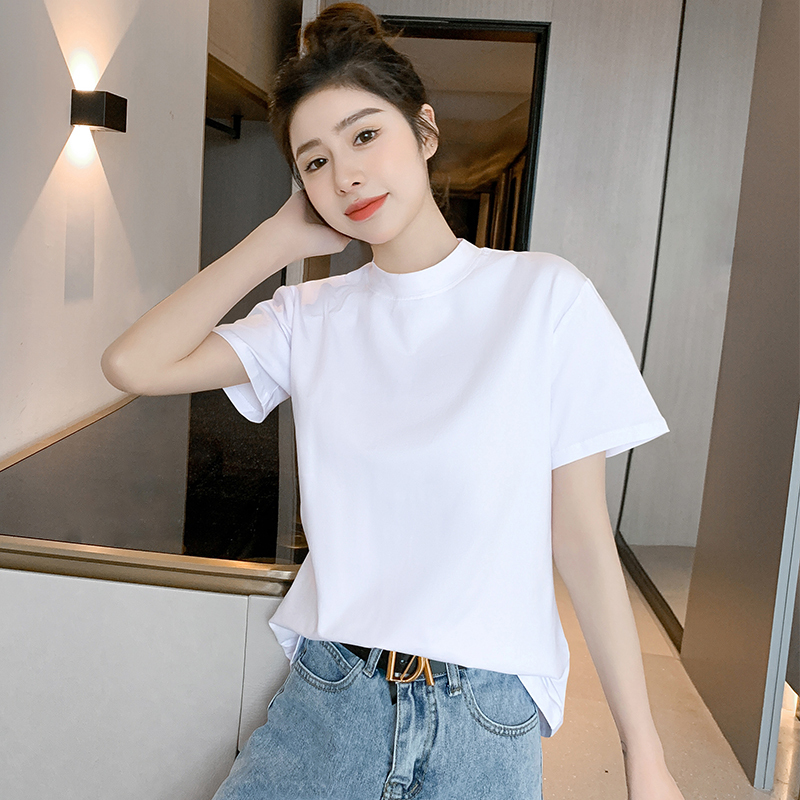 Half-High Collar Loose Short-Sleeved White T-Shirt for Women, Summer 2026 New French Style Base Layer, Plus Size, Simple Regular Shoulder Top