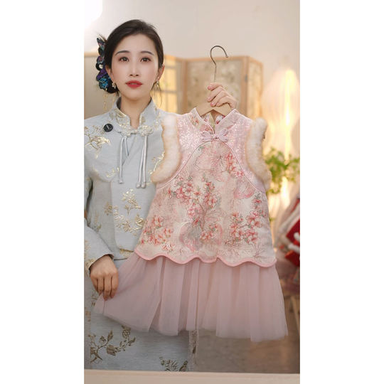 SC756 girls winter national style velvet thickened warm new Chinese style vest cheongsam skirt