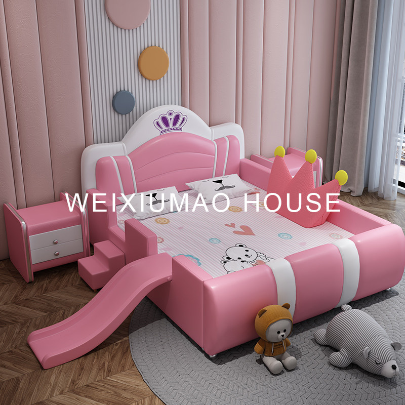 Children's bed girl cartoon bed princess bed with guardrail girl children's room furniture combination net red teenager leather bed