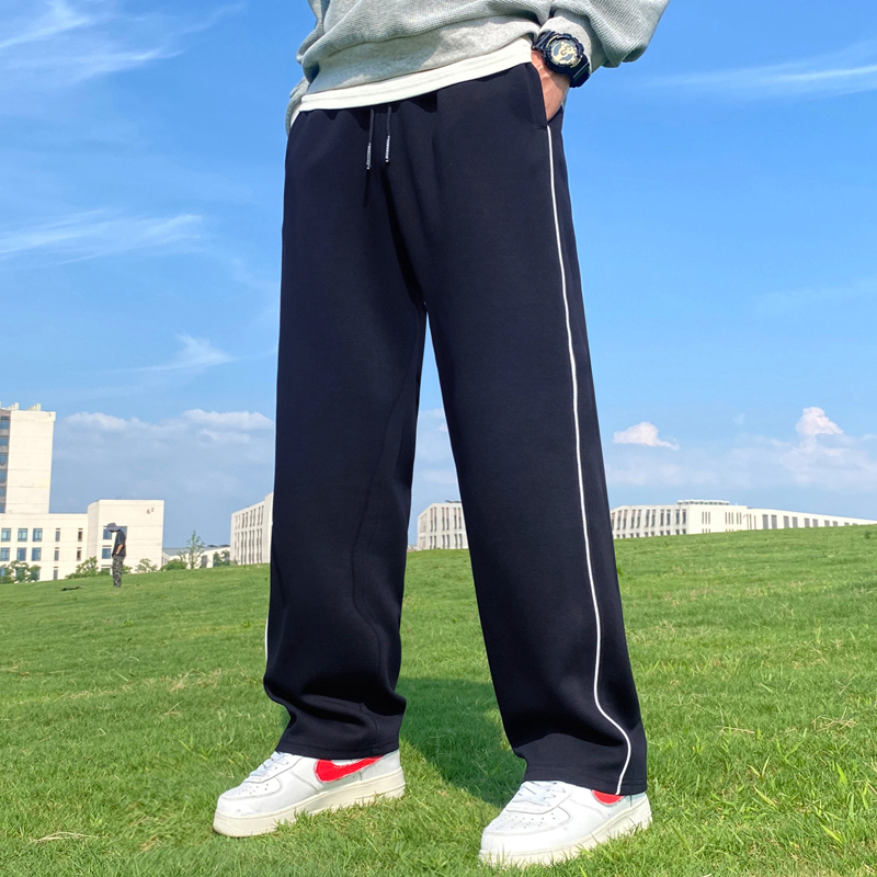 Men's Straight-Leg Sweatpants with One Stripe, Spring and Autumn Style, Dark Blue/Navy Blue School Uniform Pants for Middle and High School Students
