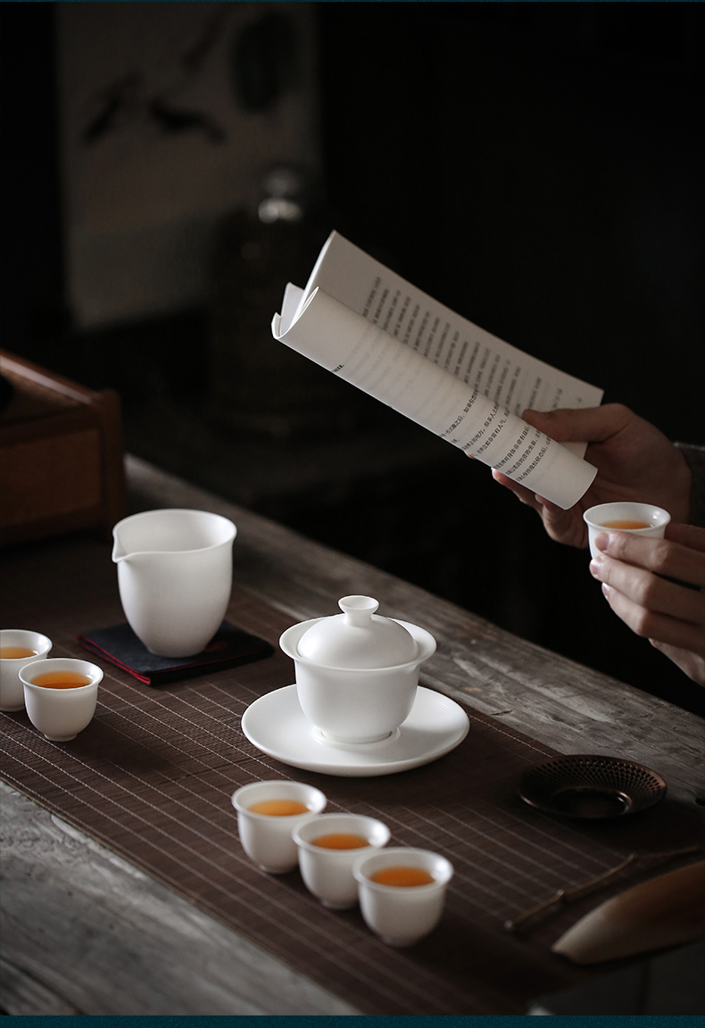 Don difference up high - end manual suet jade white porcelain of a complete set of kung fu tea set jade porcelain filtering tureen tea cups