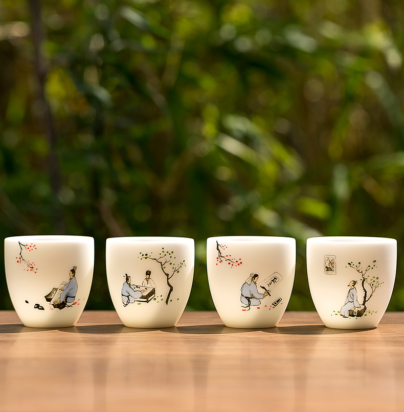 Tang shed hand - made unique American suet jade white porcelain kung fu tea sample tea cup four cups of tea set gift boxes by hand