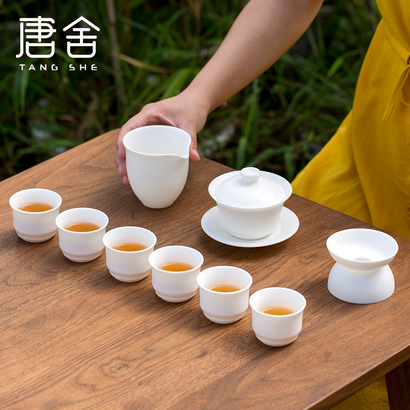 Don difference up suet jade dehua white porcelain tea set household contracted tureen office of a complete set of kung fu tea cups