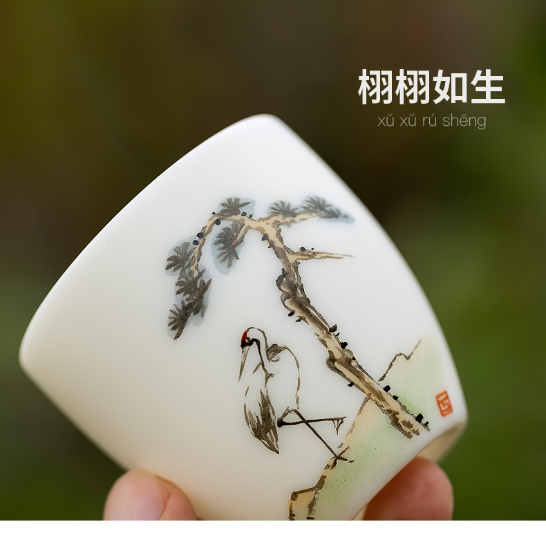 Tang s ferro, ShouXi suet jade hand - made kung fu master sample tea cup white porcelain teacup ceramic tea set and flowers and birds