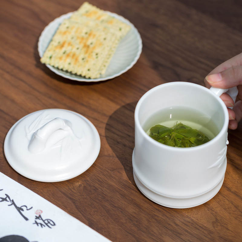 Don difference up jade porcelain dehua white porcelain office cup checking bamboo with master cup with cover cup, President of the conference room, tea cups