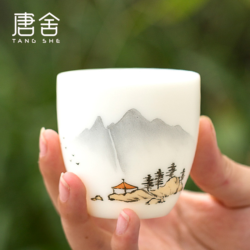 Tang s hand - made landscape suet jade white porcelain masters cup cup kung fu tea cup pure checking ceramic tea cup