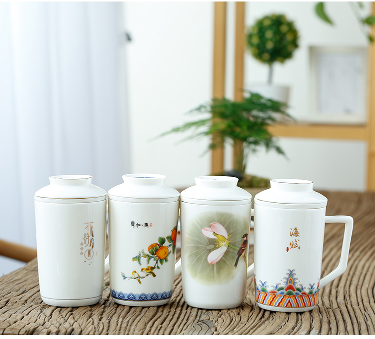 Tang's white porcelain tea cups of tea separation ceramic cups with cover glass filter office home tea cups