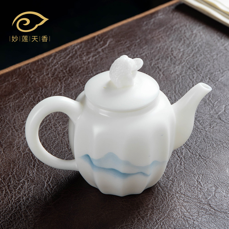 Wonderful lotus-scented hand-painted ceramic Mountain Kettle Defied Goat Grease Jade White Porcelain Handmade Bubble Teapot Single Pot Home Tea Set