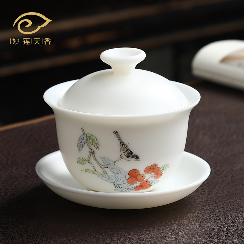 Wonderful Lotus-scented goat fat jade white porcelain Three-only cover bowl Single hand painted Orioles Swallow Dancing Cover Bowl of Tea Bowl Bowl