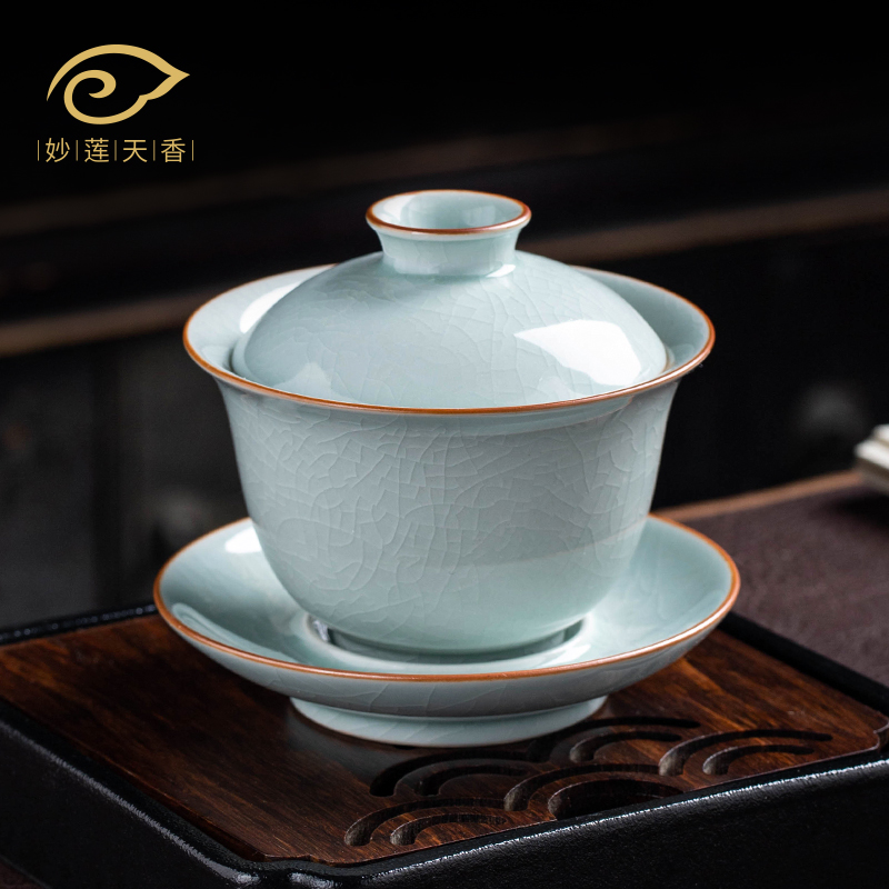 Magic lotus Heaven Chanting Huaiyao Artisanal Ru Porcelain Triple cover Bowl Single Ru Kiln Large Number Personal Tea Bowl with lid