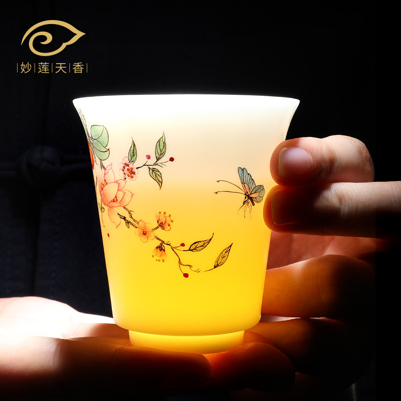 Inexplician Sky Balsamic White Porcelain Handpainted Master's Cup Goat Fat Jade High Cup Thin Tire Tasting Tea Cup Personal Single Cup Female