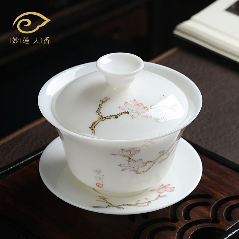 Wonderful Lotus-scented goat-fat jade porcelain hand-painted jade Orchid Three-only cover Bowl White Porcelain Tea Bowl Tea Cup Single Tea Cup