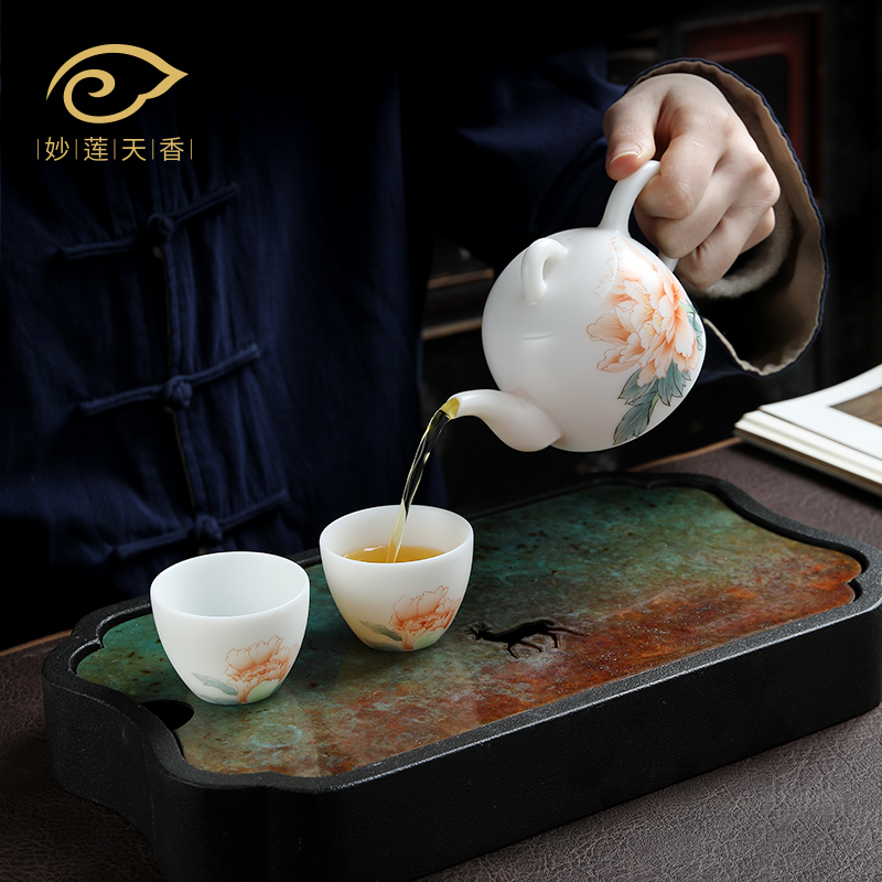Inexplicate sky fragrant national color incense one pot with two cups of Gongfu tea with hand painted peony goat fat jade porcelain teapot teapot