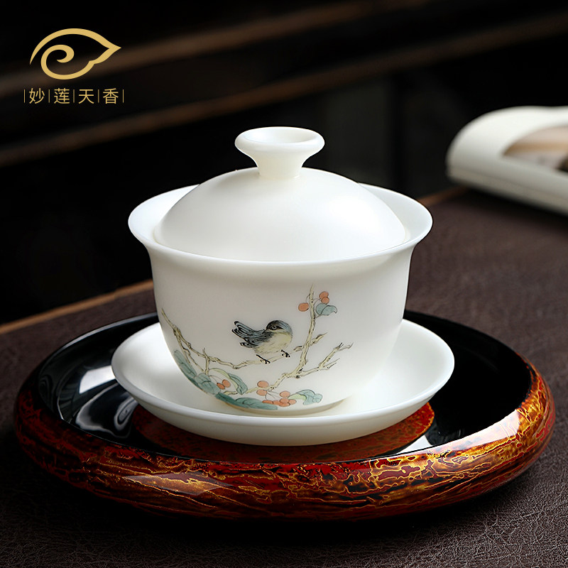 Wonderful Lian Tianxiang Deed goat fat jade white porcelain three-only cover bowl single hand painted Hongyun When head cover bowl tea cup bowl