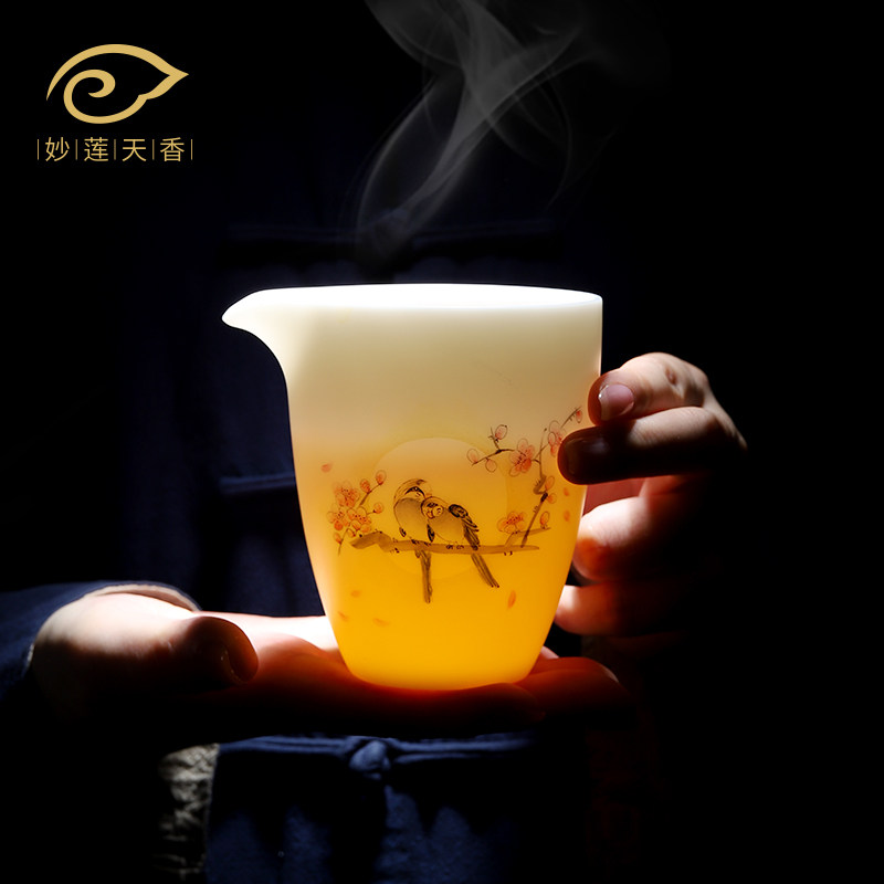 Inexplicable Lionation Goat Fat Jade Hand Painted Flowers Good Moon Round Fair Cup Ceramic Tea Sea Sub tea ware White Porcelain Goblet