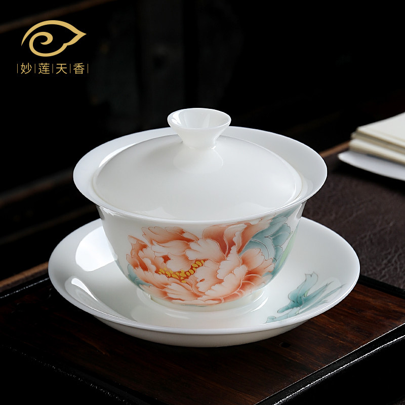 Wonderful Lian Tianxiang The Handmade Ceramic Peony Lid Bowl single Home Deed Goat Fat Jade Tea Bowl
