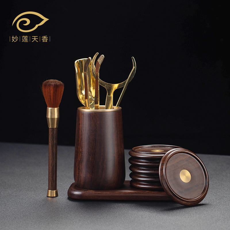 Natural solid wood ebony tea ceremony six gentlemen complete set of household kung fu tea set tea art accessories tea clip tea knife