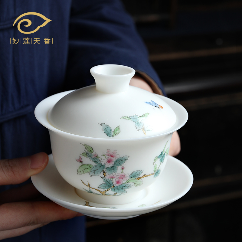 Wonderful Lotus scented hand-painted complex with golden three only cover bowls Deed goat fat jade Porcelain Tea Bowl single tea cup Tea Bowl