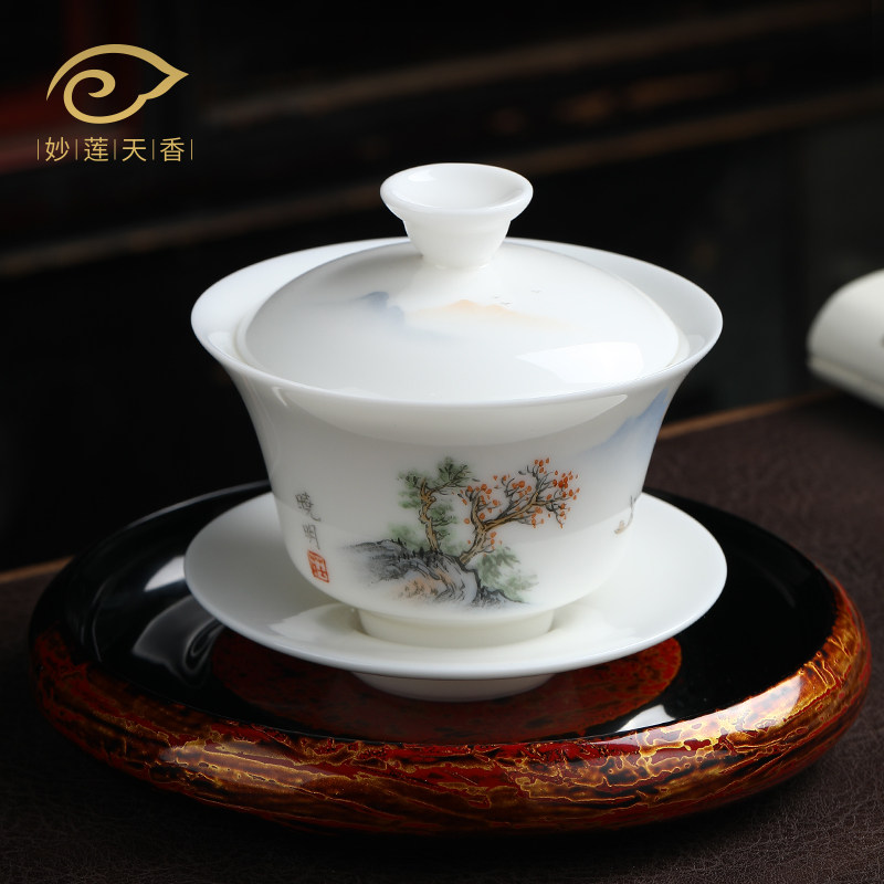 Inexplician Sky Balsamic Goat Fat Jade Porcelain Three cover Bowl Single Hand-painted Ceramic Kung Fu Bubble Bowl Large Tea Cup Tea Tea