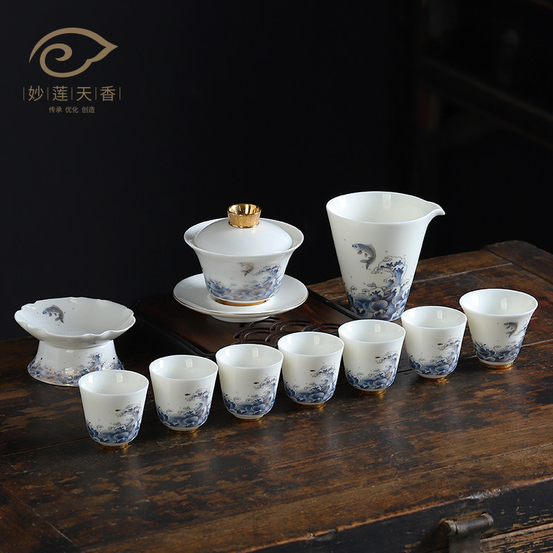 Inexplicable Tianxiang Fuyue Yingbin Gongfu Tea Tea Furniture Set Group Defied White Porcelain Cover Bowl Set Office guests Home