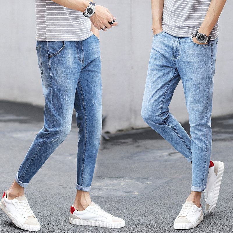 Light-colored wild jeans Men's casual slim-fit small feet nine-point pants men's summer thin fashion brand Korean version of the trend