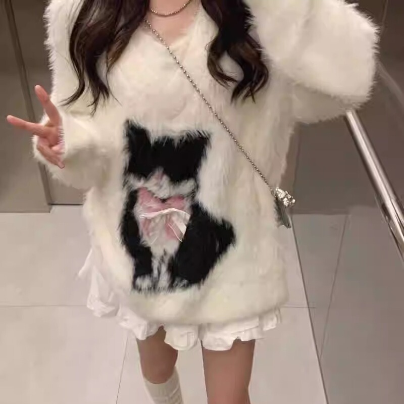 Cat Jacquard Faux Mink Fur V-Neck Sweater for Women, Autumn and Winter Lazy Style Loose Knit Top, Off-Shoulder Soft and Cozy Blouse