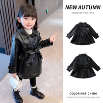 Girl Leather Clothes Autumn Clothing 2021 New Children Leather Jacket Jacket Spring Autumn Children Womens Baby Black Foreign Air Blouse