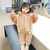 Baby conjoined pajamas autumn and winter clothes children plus velvet thickened coral velvet cute boys and girls home clothes warm and outer