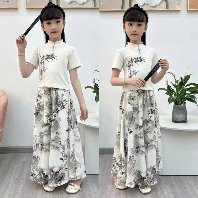 Next Grace Girls' Hanfu Suit Summer New Chinese Style Bamboo Leaf Print Short-Sleeved Wide-Leg Pants Two-Piece Set