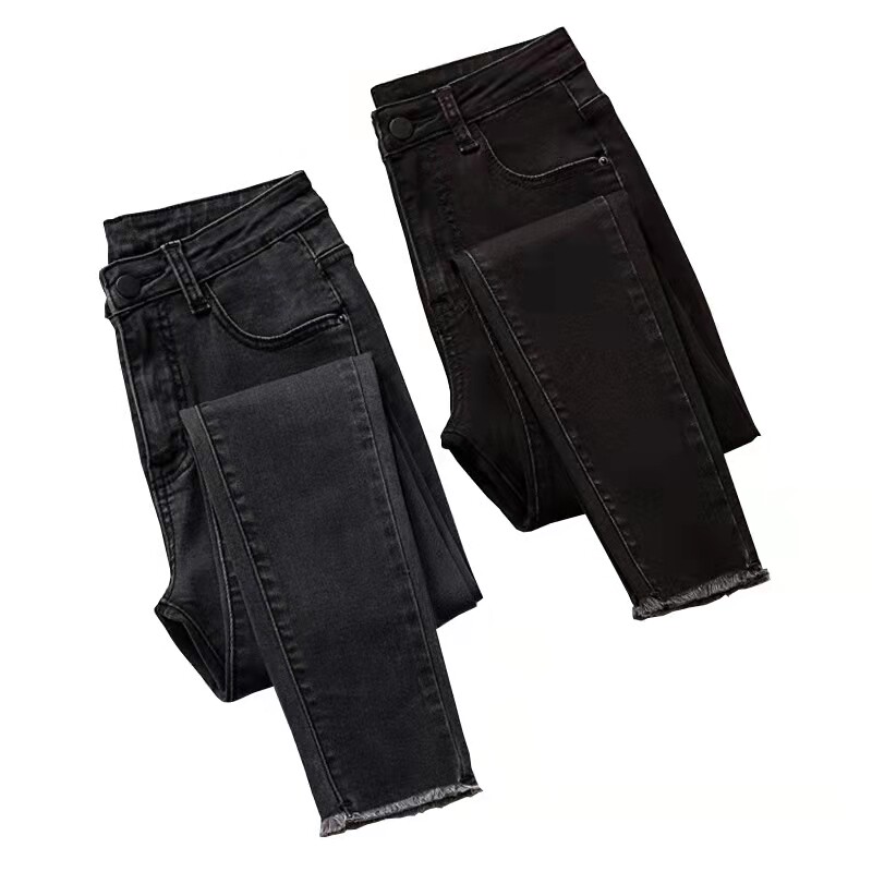 South Korea 2023 new black eight hair jeans female high waist elastic soot gray nine - point pencil pants