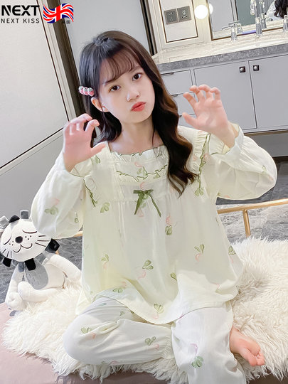 Korean Uamtor Kidsren's Pajamas Long-Sleeved Autum Pure Cotton Little Girls' Middle and Large Kidsren's Cotton Home Clothes Set