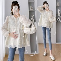 British Next kiss maternity top spring and autumn 2024 Korean style lace embroidery sweet age-reducing long-sleeved shirt